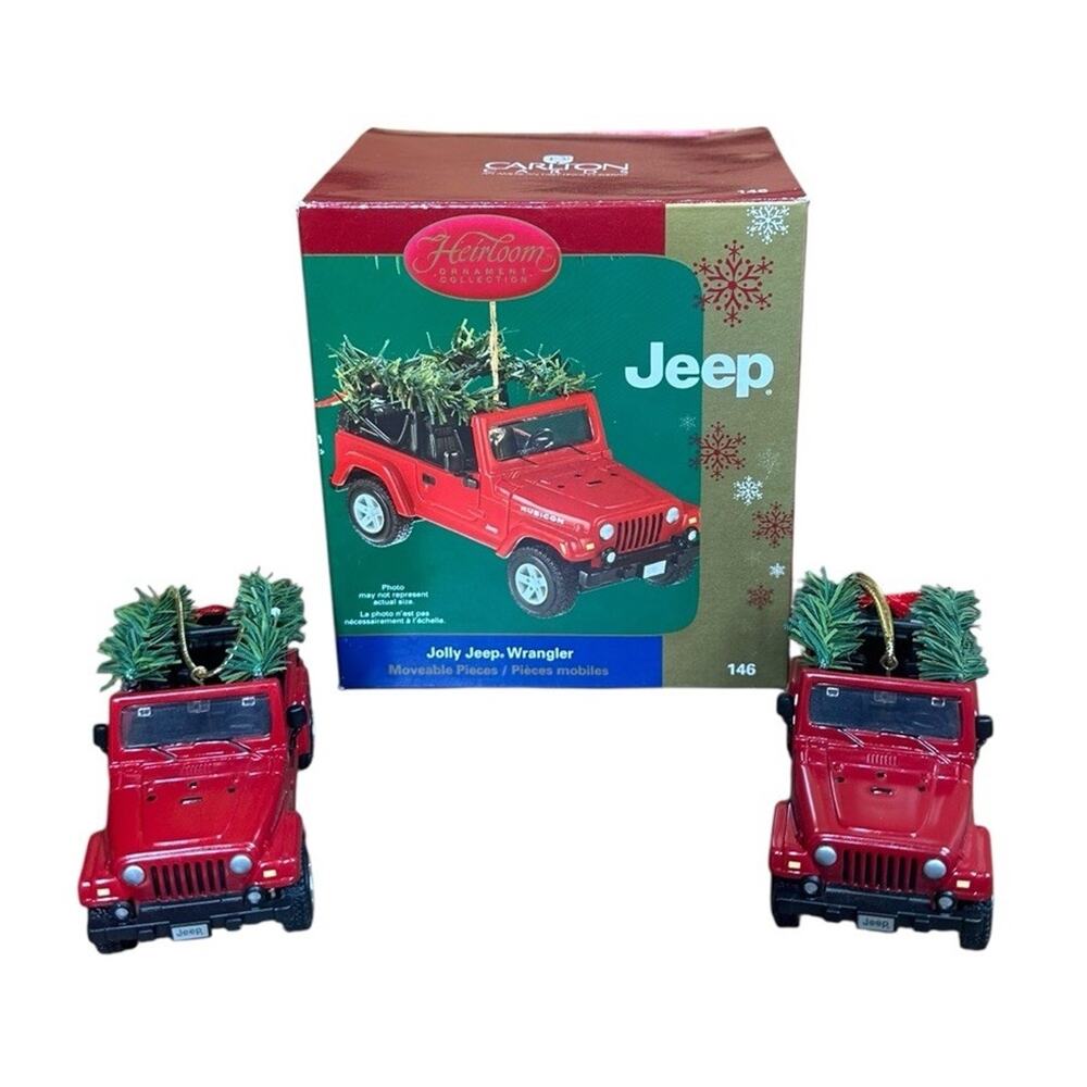 Carlton Heirloom Christmas Ornaments Red JOLLY JEEP WRANGLER 2006 #146 Set of 2